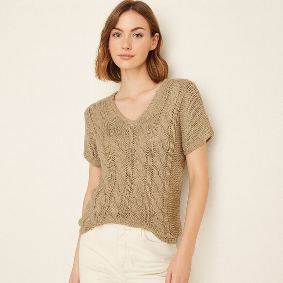 Tommy Bahama Tan Cable Knit Short Sleeve Sweater Top Neutral Resortwear Beachy S - Picture 1 of 4